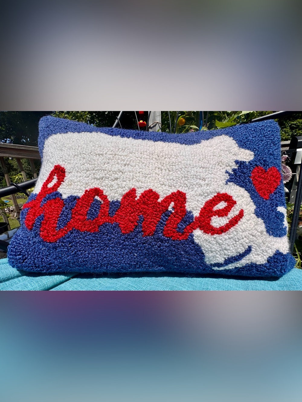 Blue & White 'Home' Accent Pillow with Red Script